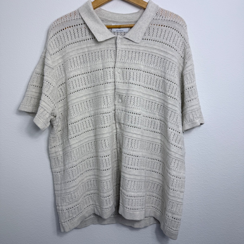 Old Navy Mens XXXL Pointelle Knit Button Down Shirt Short Sleeve Oatmeal Beige
